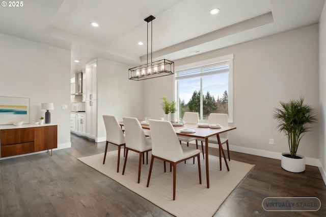1730 N 12th St, Washougal, WA 98671 - dining room featuring a raised ceiling, dark wood-style flooring, baseboards, and recessed lighting