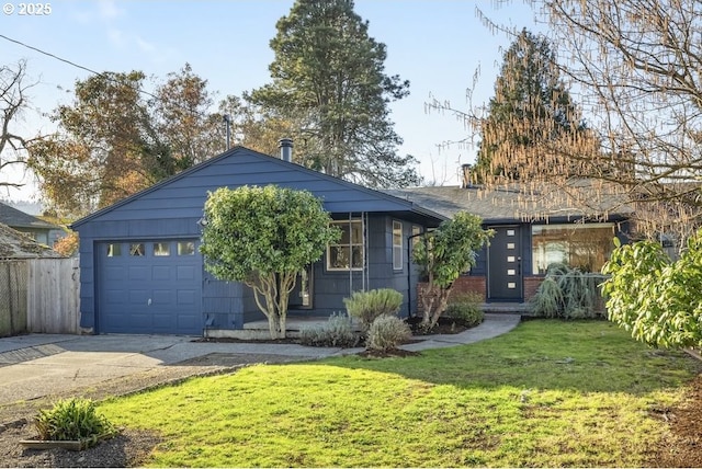 ranch-style house featuring a garage, a front lawn, and driveway