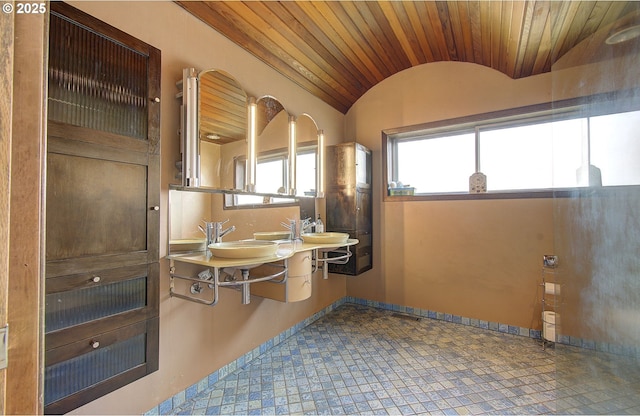 8400 Cason Rd, Gladstone, OR 97027 - bathroom with wooden ceiling, lofted ceiling, and tile patterned floors