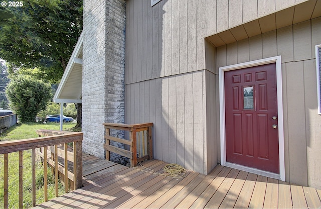 8400 Cason Rd, Gladstone, OR 97027 - doorway to property with a chimney and a deck