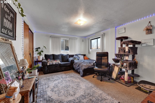 1648 Augusta St, Eugene, OR 97403 - carpeted living room featuring a textured ceiling