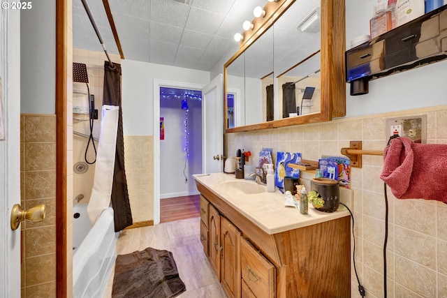 1648 Augusta St, Eugene, OR 97403 - bathroom featuring tile walls, vanity, shower / bathtub combination with curtain, and a wainscoted wall