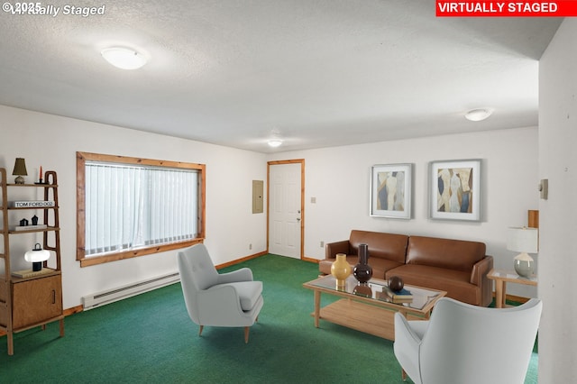 carpeted living area featuring electric panel, baseboard heating, a textured ceiling, and baseboards