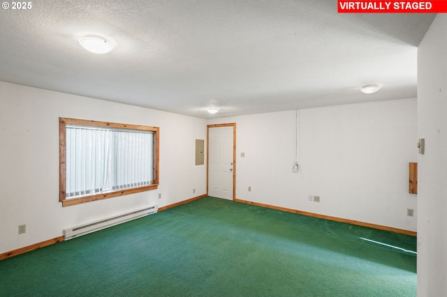 empty room with electric panel, a baseboard heating unit, a textured ceiling, carpet, and baseboards