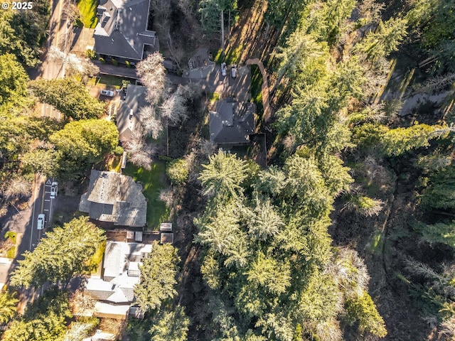 birds eye view of property featuring a forest view