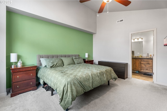 125 N 44th Pl, Ridgefield, WA 98642 - bedroom featuring carpet, high vaulted ceiling, ceiling fan, and ensuite bathroom