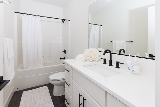 19386 Juniper Ct, Oregon City, OR 97045 - full bathroom featuring vanity, shower / bathtub combination with curtain, tile patterned floors, and toilet