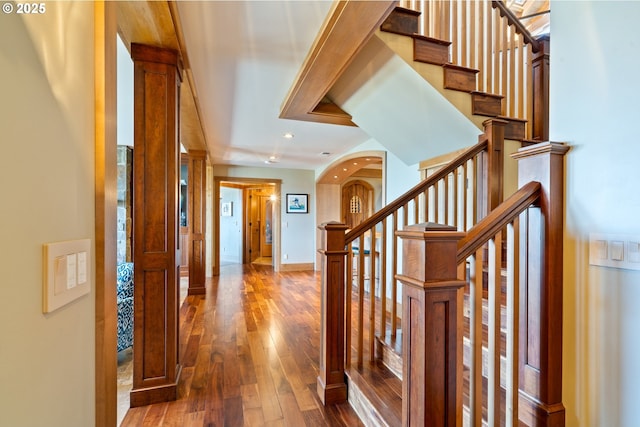 280 Fall Creek Dr, Oceanside, OR 97134 - hallway featuring hardwood / wood-style flooring, recessed lighting, baseboards, and stairway