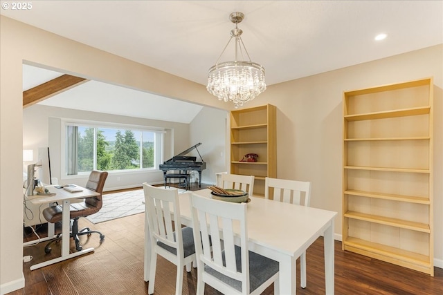 8311 Greenann Ct, Gladstone, OR 97027 - dining room with dark wood finished floors, a chandelier, an office area, recessed lighting, and vaulted ceiling