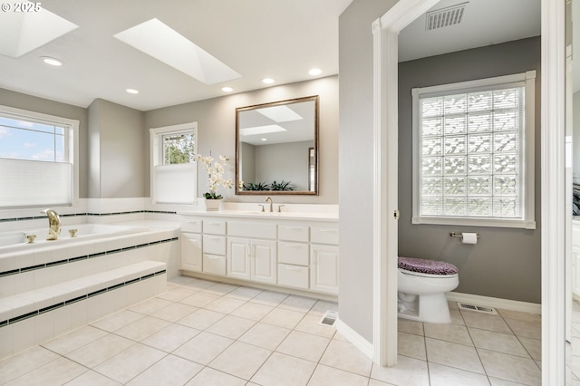 12345 SE Wagner St, Happy Valley, OR 97086 - bathroom featuring a skylight, toilet, tile patterned floors, a bath, and vanity