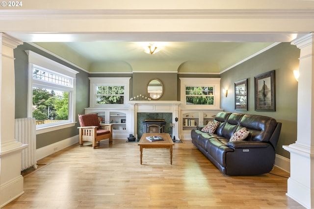 living room with ornamental molding, a premium fireplace, light hardwood / wood-style flooring, and radiator heating unit