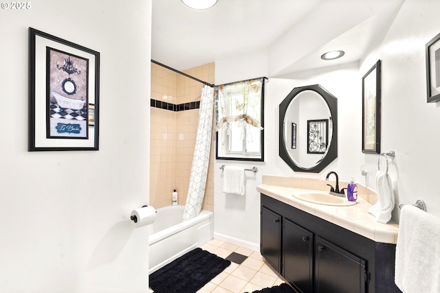 32890 Hillside Acres Rd, Gold Beach, OR 97444 - bathroom with shower / tub combo, tile patterned flooring, vanity, and baseboards