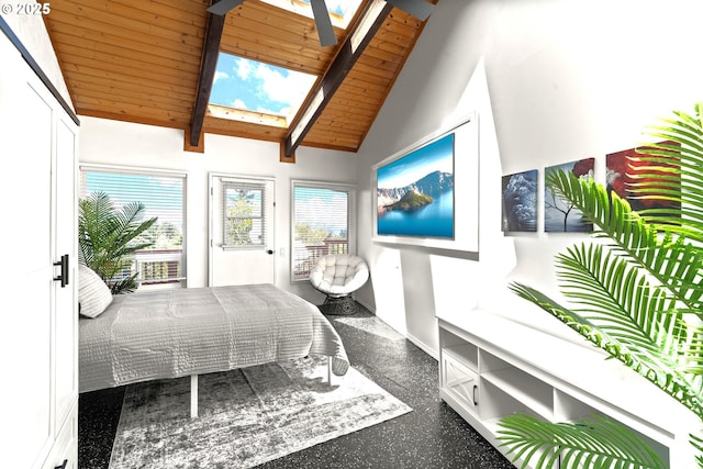 32890 Hillside Acres Rd, Gold Beach, OR 97444 - bedroom featuring lofted ceiling with skylight and wood ceiling