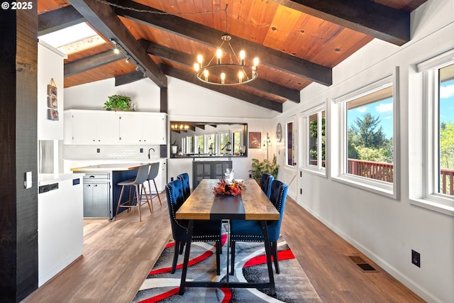 32890 Hillside Acres Rd, Gold Beach, OR 97444 - dining room featuring wood finished floors, an inviting chandelier, and wood ceiling