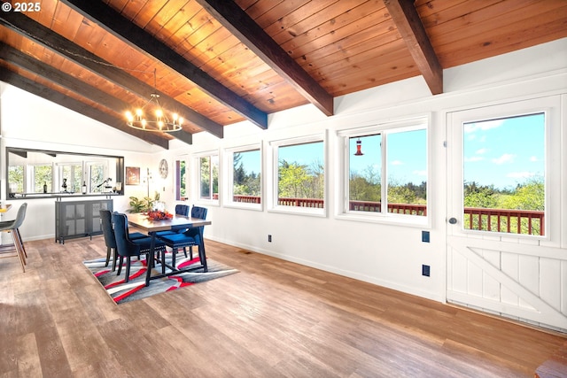 32890 Hillside Acres Rd, Gold Beach, OR 97444 - dining room with wooden ceiling, wood finished floors, a chandelier, and baseboards