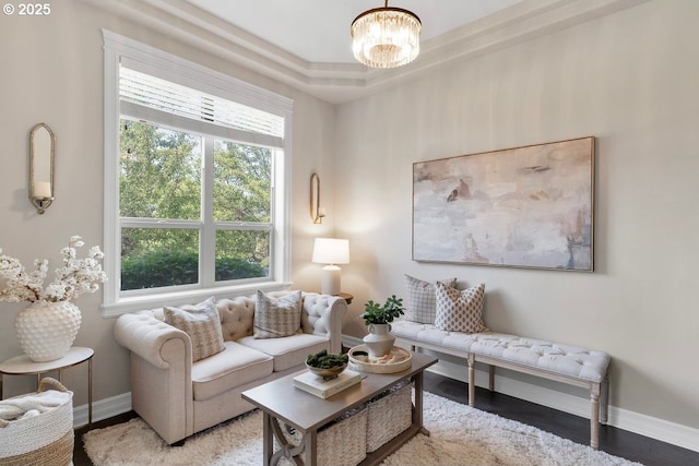 1720 W Meadows Dr NW, Salem, OR 97304 - living room with baseboards, a chandelier, and wood finished floors