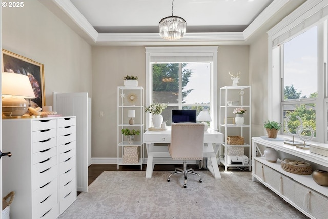 1720 W Meadows Dr NW, Salem, OR 97304 - office featuring a chandelier, a tray ceiling, and ornamental molding