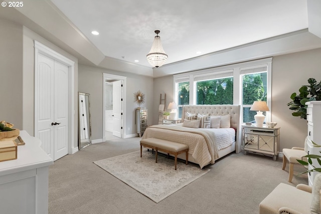 1720 W Meadows Dr NW, Salem, OR 97304 - bedroom with light carpet, recessed lighting, a chandelier, a raised ceiling, and baseboards