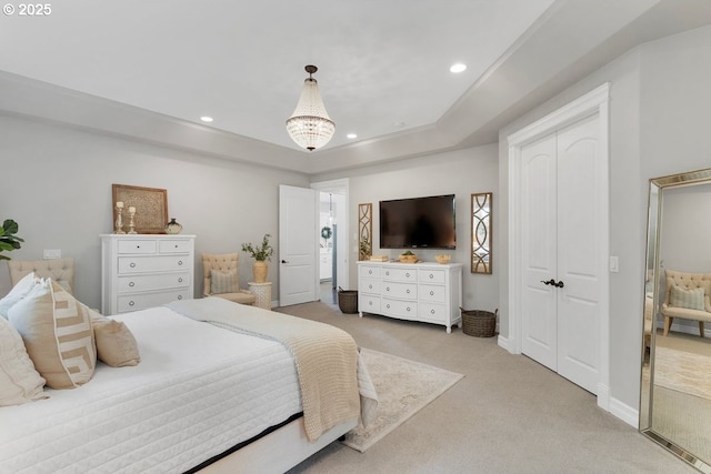 1720 W Meadows Dr NW, Salem, OR 97304 - bedroom featuring light carpet, recessed lighting, a closet, and a tray ceiling