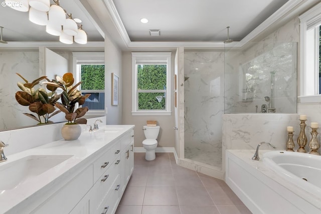 1720 W Meadows Dr NW, Salem, OR 97304 - bathroom featuring a marble finish shower, a garden tub, double vanity, toilet, and tile patterned floors
