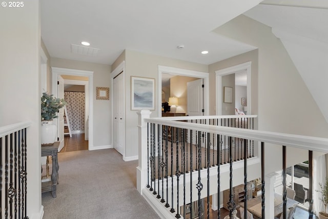 1720 W Meadows Dr NW, Salem, OR 97304 - hall with carpet flooring, an upstairs landing, baseboards, and recessed lighting
