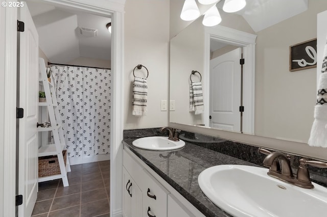 1720 W Meadows Dr NW, Salem, OR 97304 - full bathroom featuring vaulted ceiling, tile patterned flooring, double vanity, and a shower with shower curtain