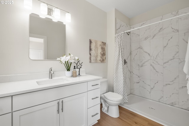 4221 Hudson Ave, Salem, OR 97301 - bathroom featuring vanity, wood finished floors, and a shower with shower curtain