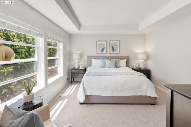 carpeted bedroom with a tray ceiling and baseboards