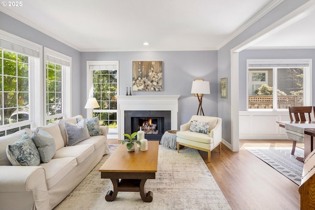 living area featuring light wood-style floors, ornamental molding, a lit fireplace, recessed lighting, and baseboards