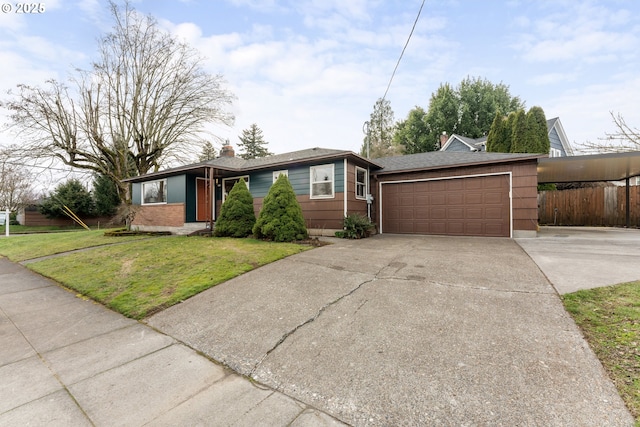 ranch-style house featuring concrete driveway, an attached garage, a front lawn, and fence