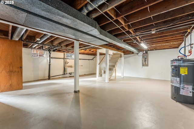 basement with stairway, a sink, electric water heater, and electric panel