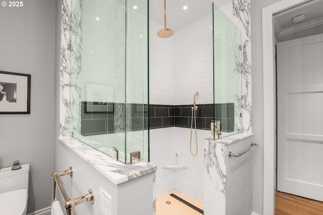 330 6th St, Lake Oswego, OR 97034 - full bath featuring toilet, a walk in shower, wood finished floors, recessed lighting, and baseboards