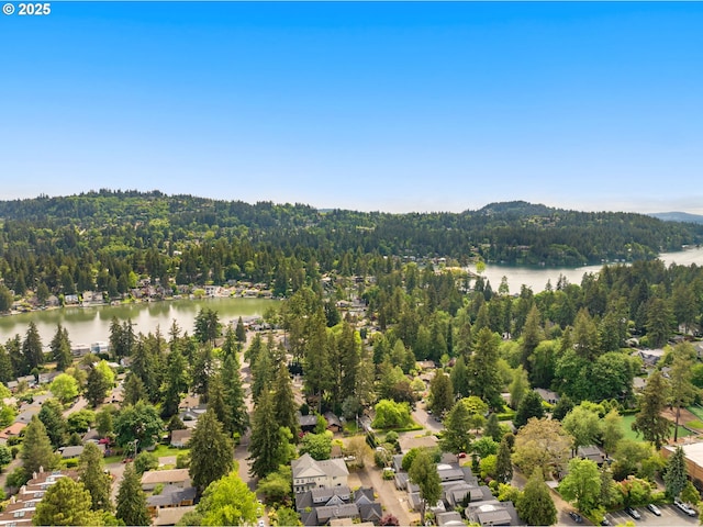 aerial view of a heavily wooded area and a nearby body of water