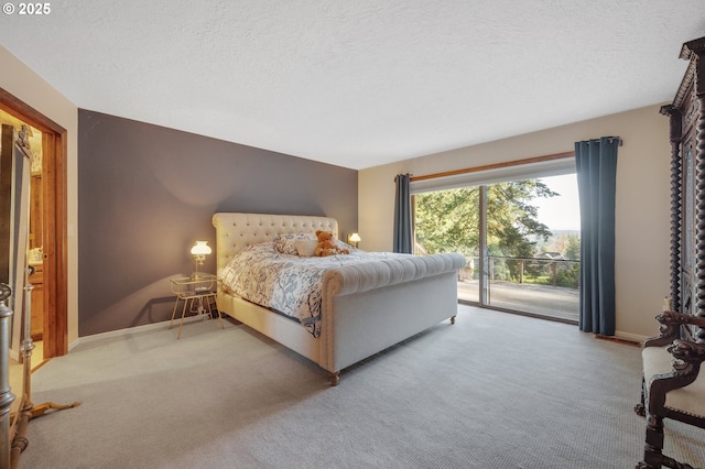 bedroom featuring visible vents, baseboards, carpet floors, a textured ceiling, and access to outside