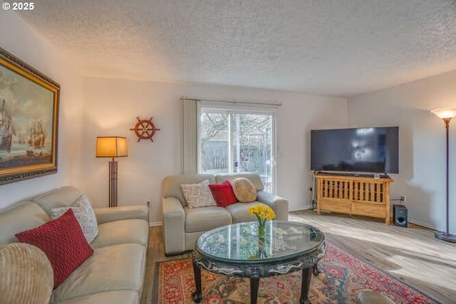 living room featuring a textured ceiling and wood finished floors