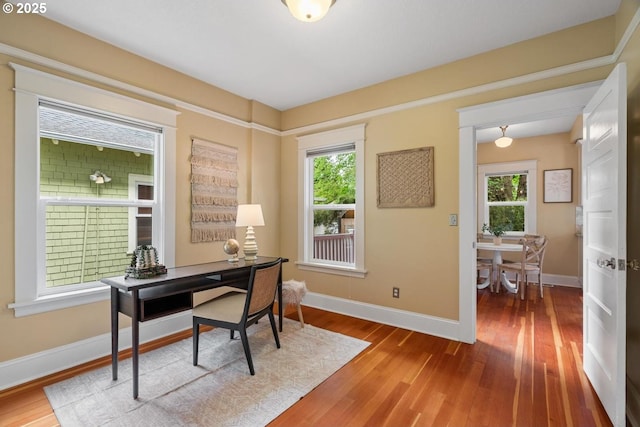 office area featuring wood finished floors, plenty of natural light, and baseboards
