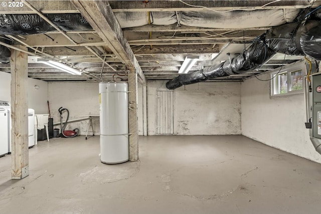 below grade area with water heater and washer / dryer