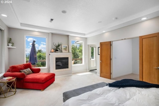 8427 NW Timber Ridge Ct, Portland, OR 97229 - bedroom featuring carpet, a raised ceiling, a glass covered fireplace, recessed lighting, and a textured ceiling