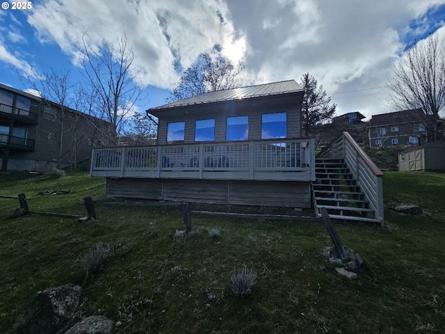 804 Riverside St, Maupin, OR 97037 - back of property with a lawn, a wooden deck, and stairs