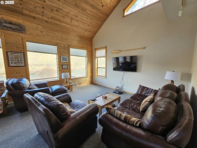 804 Riverside St, Maupin, OR 97037 - carpeted living area with healthy amount of natural light, high vaulted ceiling, wood walls, and wooden ceiling