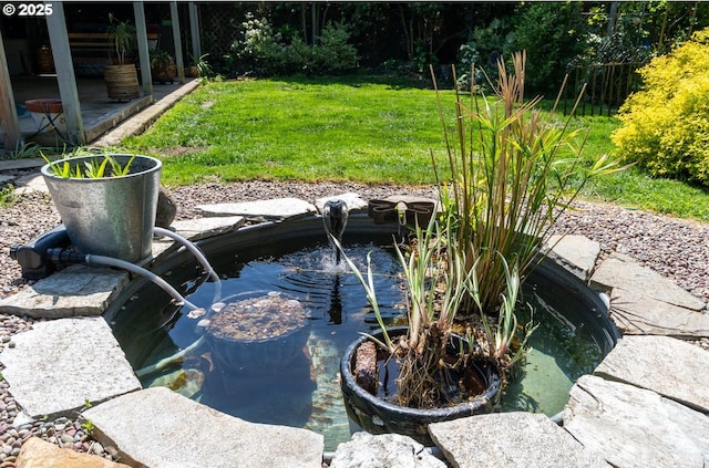 view of yard featuring a small pond