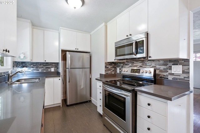 kitchen featuring stainless steel appliances, dark countertops, decorative backsplash, and a sink