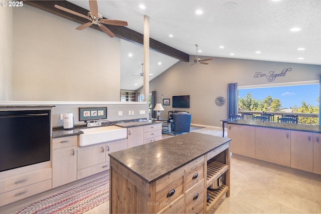 8985 Chinook Ln, Manzanita, OR 97130 - kitchen with ceiling fan, dark countertops, recessed lighting, a center island, and open floor plan