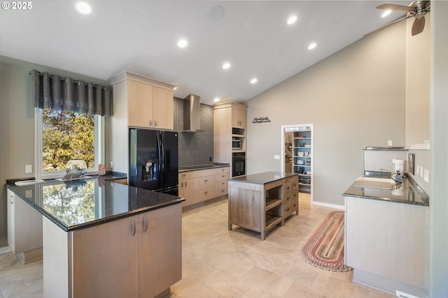 8985 Chinook Ln, Manzanita, OR 97130 - kitchen featuring black appliances, wall chimney exhaust hood, open shelves, a center island, and light brown cabinetry