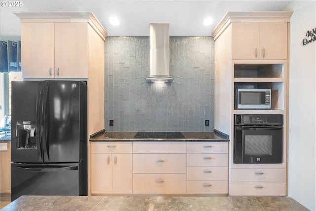 8985 Chinook Ln, Manzanita, OR 97130 - kitchen with black appliances, wall chimney exhaust hood, light brown cabinets, and dark stone countertops