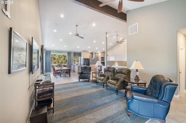 8985 Chinook Ln, Manzanita, OR 97130 - living room with ceiling fan, recessed lighting, high vaulted ceiling, beam ceiling, and light tile patterned floors