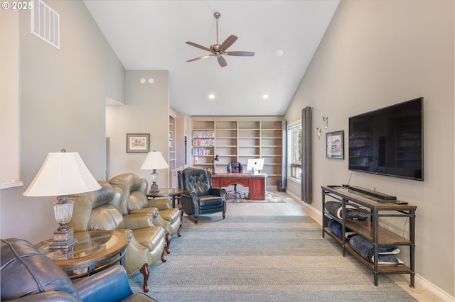 8985 Chinook Ln, Manzanita, OR 97130 - living area featuring a ceiling fan, high vaulted ceiling, and recessed lighting