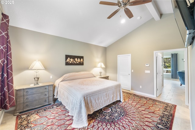8985 Chinook Ln, Manzanita, OR 97130 - bedroom featuring beamed ceiling, high vaulted ceiling, and a ceiling fan
