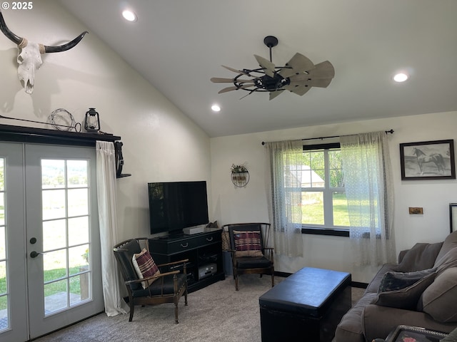 24291 SW Rogers Rd, Sheridan, OR 97378 - living room with vaulted ceiling, carpet floors, recessed lighting, and ceiling fan