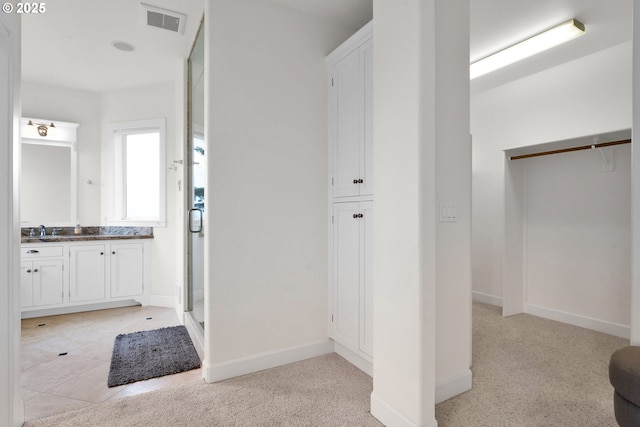 90955 Southview Ln, Florence, OR 97439 - bathroom with vanity, a shower stall, carpet, and baseboards